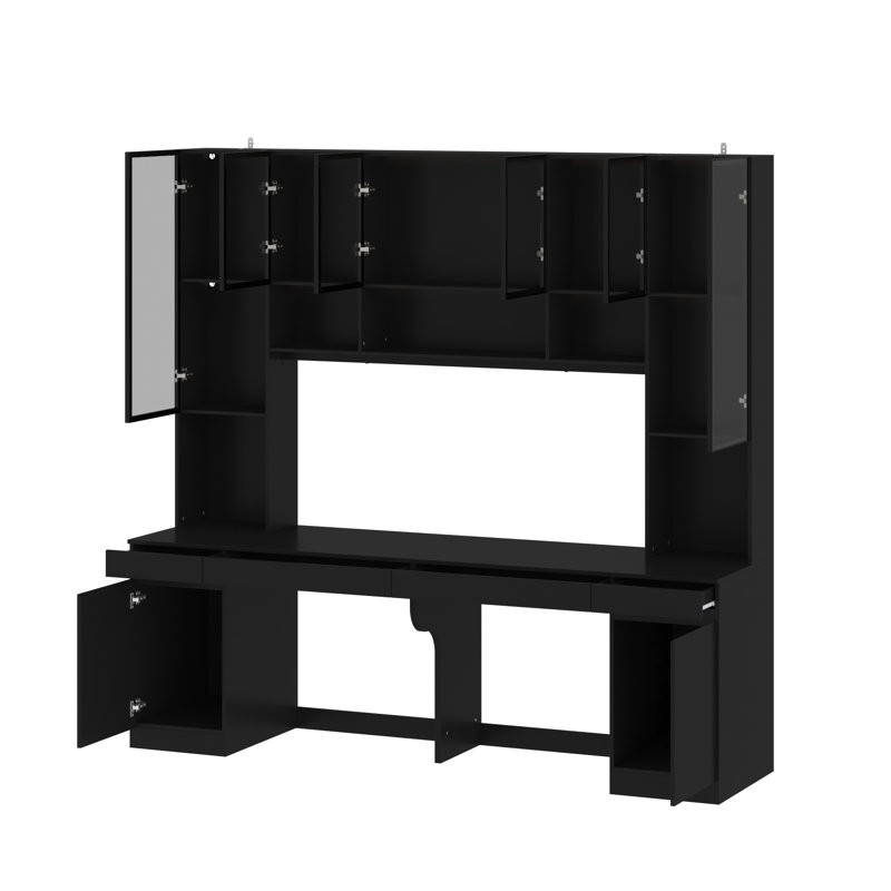 90.6"W Computer Desk With LED-Lit Display Cabinets & Ample Storage