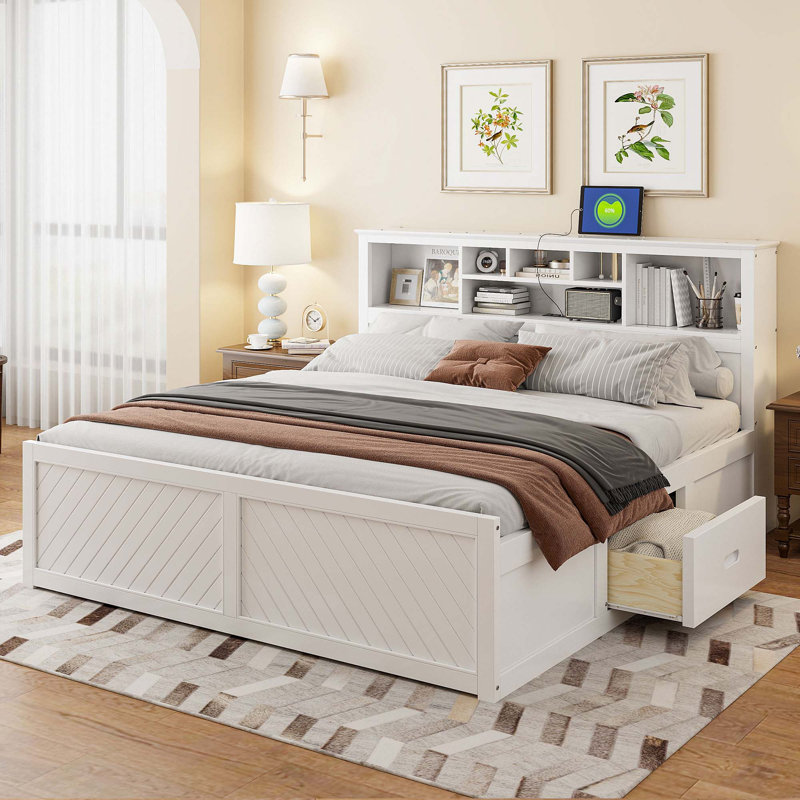 Lit plateforme très grand en bois avec tête de lit multi-rangement, USB et tiroirs, Blanc