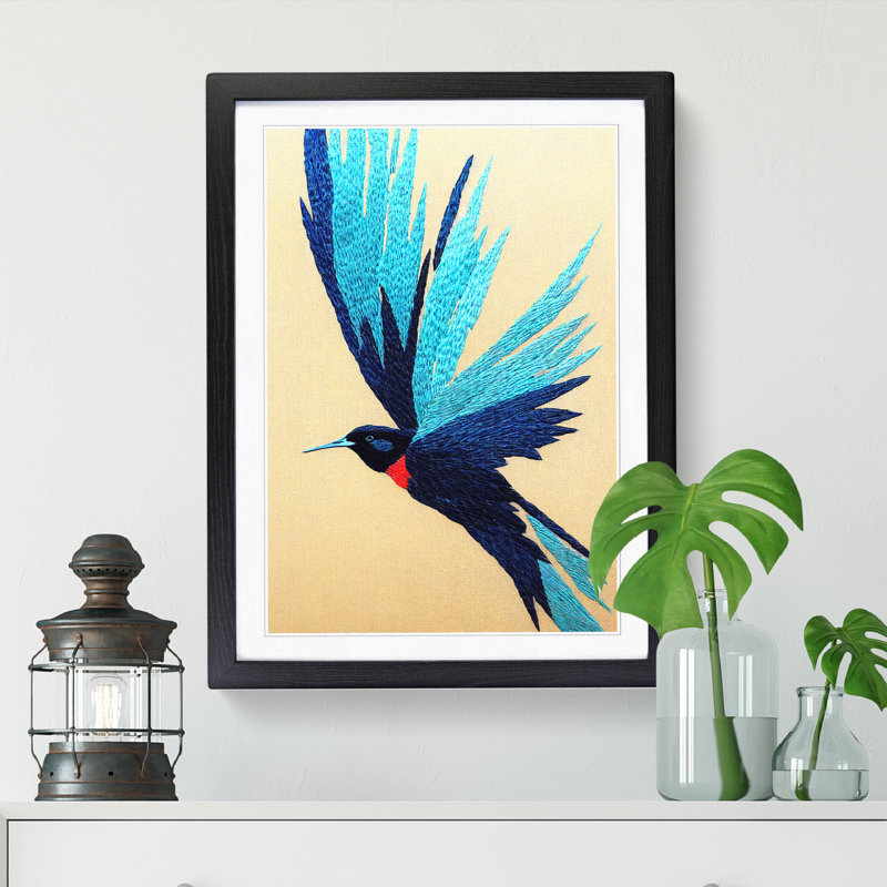 Swallow Embroidery - Single Picture Frame Print, 46cm H x 34cm W x 2cm D, Walnut