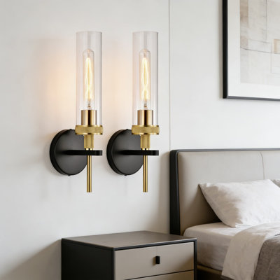 Modern Black And Gold Bathroom Light Fixtures Set Of 2, Hardwired Wall Sconces With Clear Glass Tube Shade And Knurled Texture For Vanity Mirror Lighting In Bathroom Or Bedroom