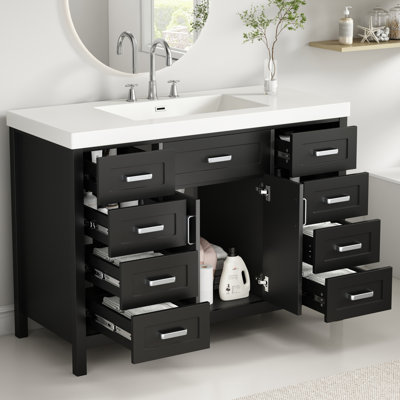 Meuble-lavabo noir de 48 po avec lavabo, 2 portes à fermeture douce, 8 tiroirs, armoire, pieds en pin massif, poignées en résine d'aluminium, idéales pour les rénovations et les constructions de taille moyenne, plateau, pieds réglables,