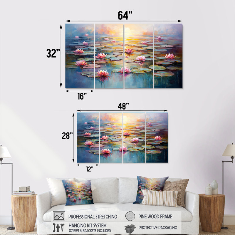 Décoration murale 4 pièces Monet S Water Lily Pond Reflections I - Lake, H 28 po x l 48 po