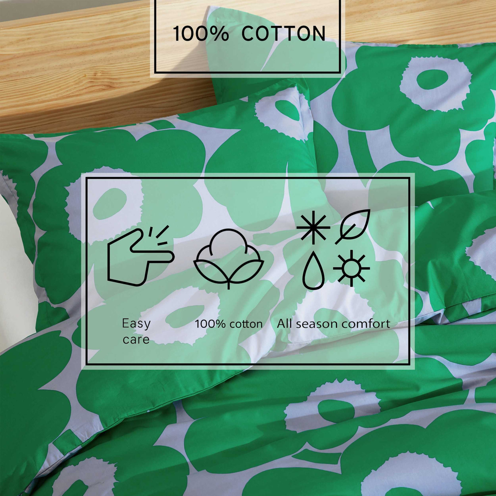 Marimekko Unikko Cotton Red Duvet Cover Set, Queen Duvet Cover + 2 Shams, Green
