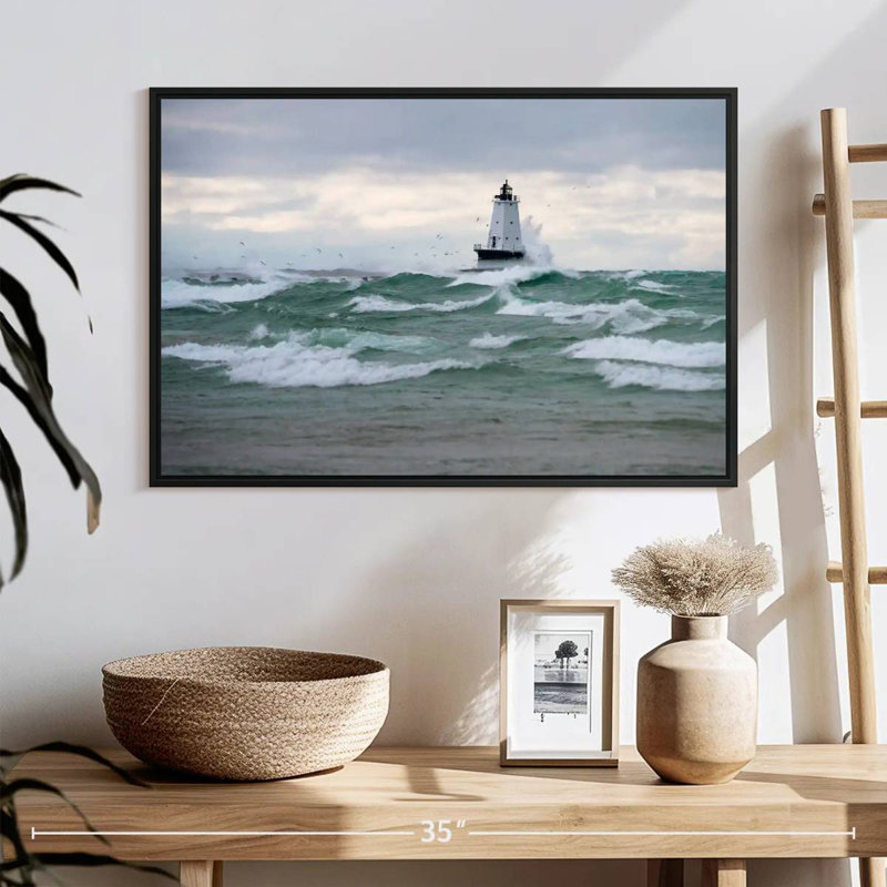 Phare tempête battue, 25 po x 17 po, Cadre flottant noir