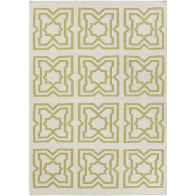 Chevella Authentic Handmade Green Reversible Geometric Shapes Ivory Wool/Cotton Blend Flatweave Indoor Area Rug