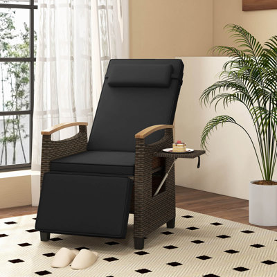 Patio Wicker Recliner Chair With Adjustable Backrest & Footrest Flip Side Table
