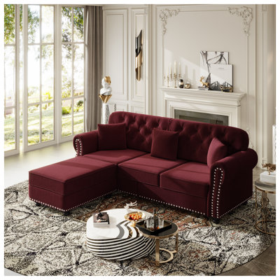Luxurious Mid-Century Modern Velvet Sofa Set with Nailhead Trim & Rolled Arms - Chesterfield Style Living Room Furniture with Ottoman