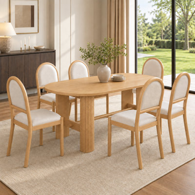 Ensemble de salle à manger 7 pièces pour 6 personnes, table ovale de 184 cm avec 6 chaises rembourrées, plateau en placage de chêne et piètement double cannelé.