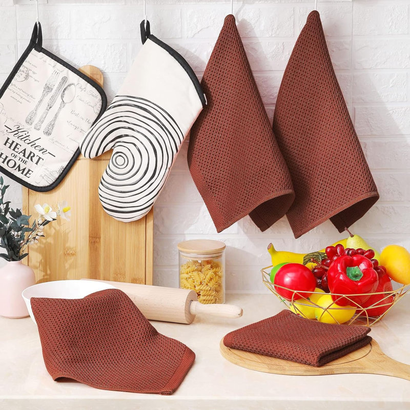 100% Cotton Waffle Weave Kitchen Dish Cloths, Ultra Soft Absorbent Quick Drying Dish Towels, 6-Pack, Rust
