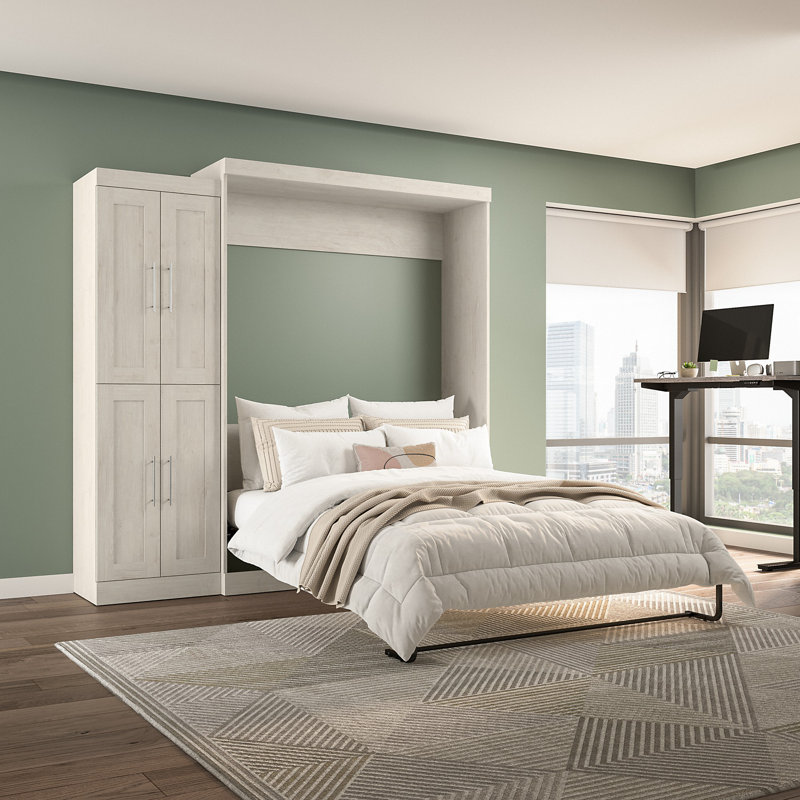 Arlex Wall Bed with Storage Unit with Doors, Linen White Oak, Full