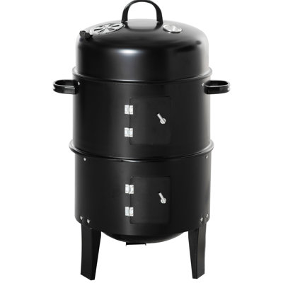 31 Charcoal Bbq Smoker Grill - 16" Round With 2 Cooking Areas And Thermometer For Outdoor Picnic, Camping, Backyard Grilling, Black Finish Temperature Gauge, Dual