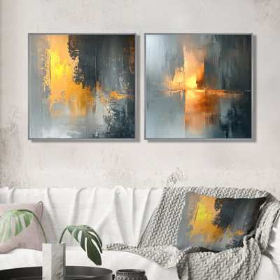 Grey and Gold Converge Dream I - Minimalism Line Wall Art - Modern Wall Art Set 2 Piece