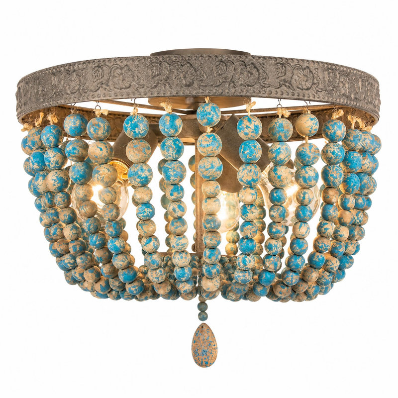 Plafonnier encastré vintage à 3 lumières avec perles de bois, bleu rétro pour la décoration intérieure