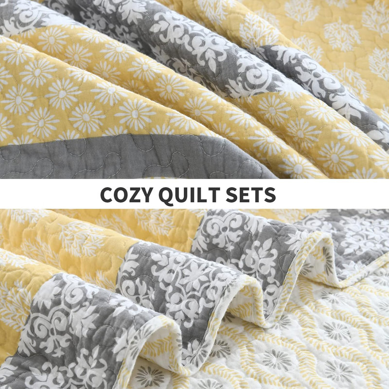 King Size White and Yellow Cotton Reversible Quilt Set