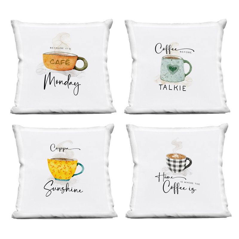 Ensemble de 4 coussins décoratifs imprimés Coffee Delights, par Joy Hall
