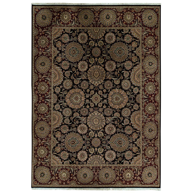 Tapis noir / ivoire / brun en laine noué à la main de conception unique 8 pi 9 po x 11 pi 9 po