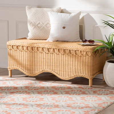 Bali & Pari Blacine Bohemian Rattan Accent Bench With Scallop Border