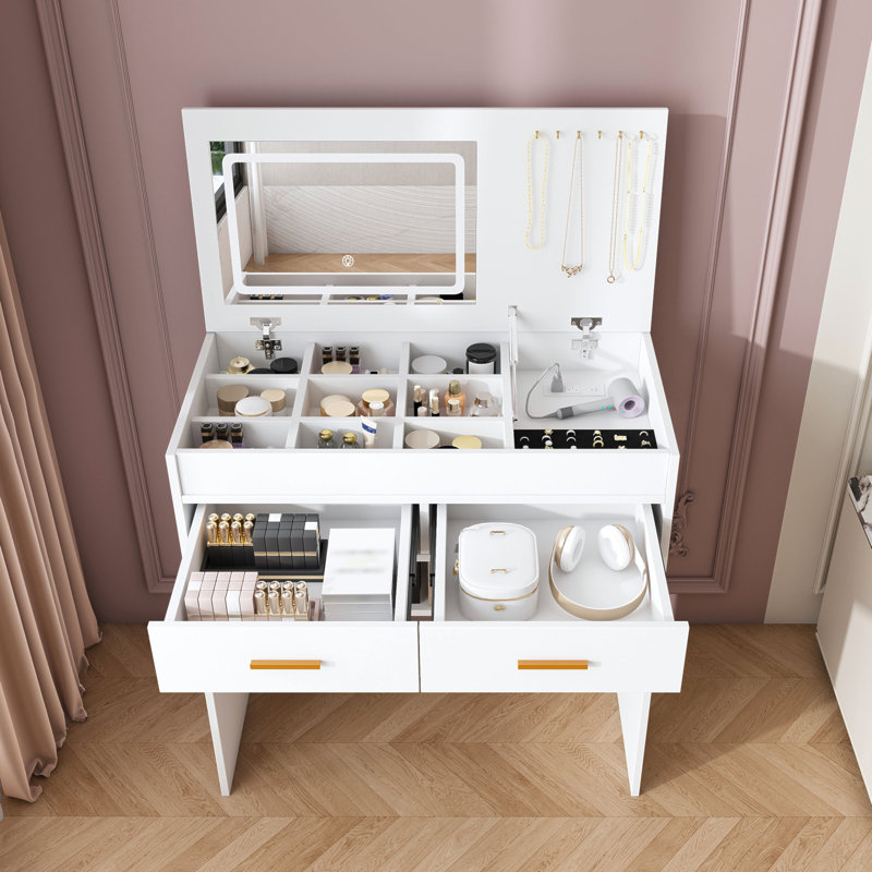 Bureau de coiffeuse à plateau rabattable avec miroir lumineux à DEL et prise intégrée - coiffeuse de maquillage avec 2 tiroirs, rangement ouvert, crochets à bijoux (sans tabouret inclus)