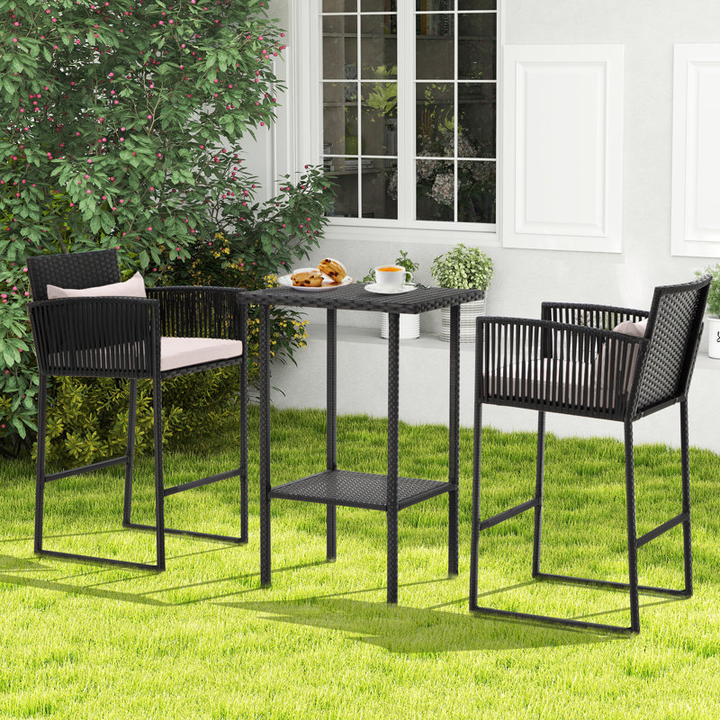 Tannehill 3-Piece Steel Outdoor Bar Set, Black