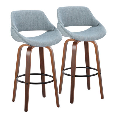 Barstool 30 Inch Walnut Wood and Fabric Set of 2 Fixed Height Swivel Blue with Metal Footrest