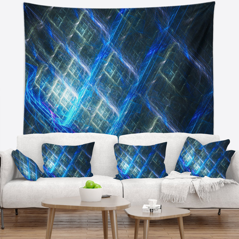 Tapisserie abstraite bleue brillante fractale, H 32 po x l 39 po