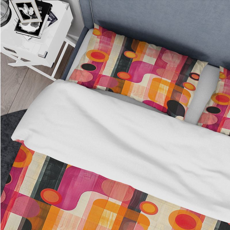 Ensemble de housse de couette à motif géométrique rétro rose et orange, Housse de couette simple + 2 taies décoratives st