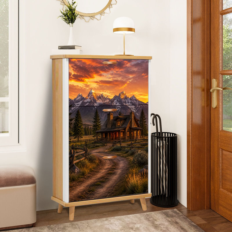 Armoire à chaussures avec 3 tiroirs rabattables pour chalet rustique Snowy Mountain Valley Dramatic Sunset