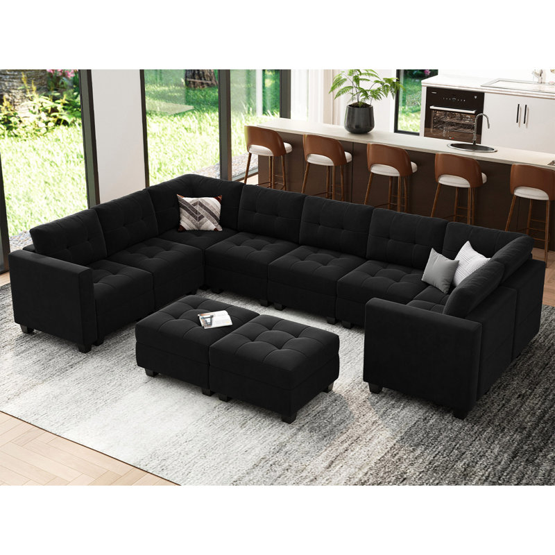Buckleton 143'' W Large Upholstered Velvet Movable Modular U Shape Sofa with Storage, Black Velvet