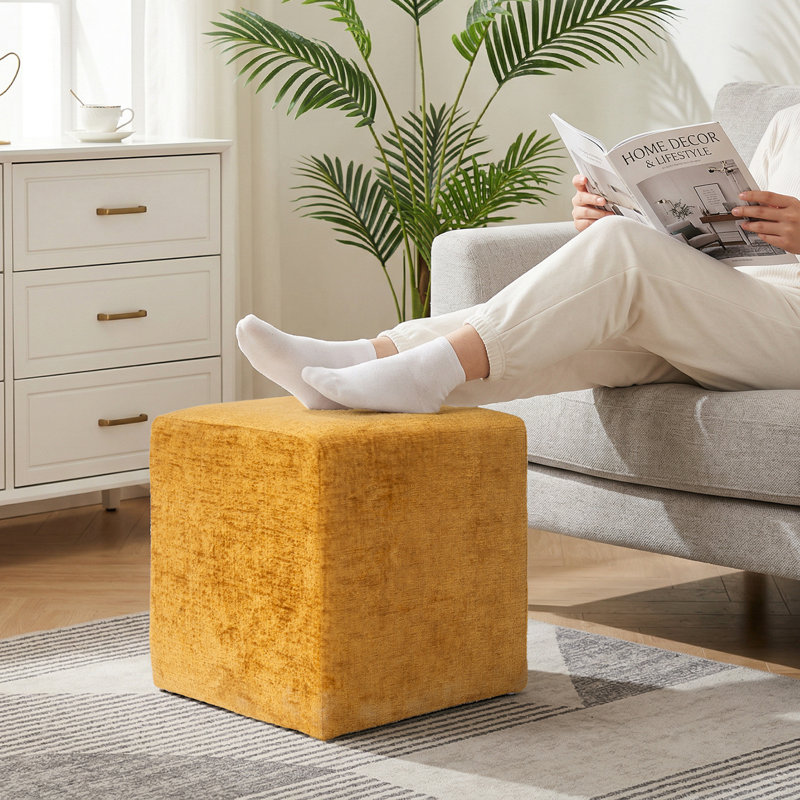 Square Upholstered Ottoman With Solid Wood Frame, Yellow
