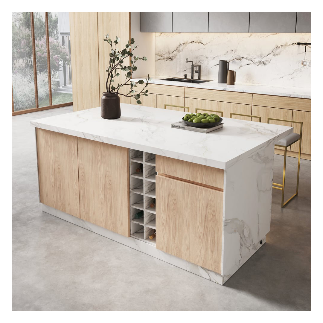 Japandi Kitchen Island with Storage and Seating Space,Island Table with Wine Rack (Without Bar Stools)