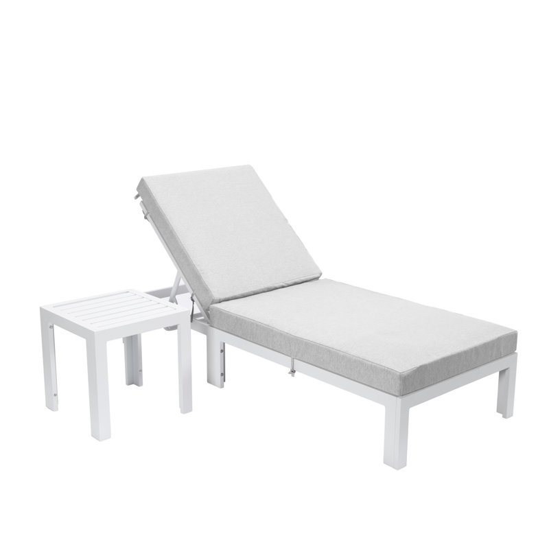 Chelsea Outdoor Metal Chaise Lounge with Table , Cushion Included, Light Gray, White