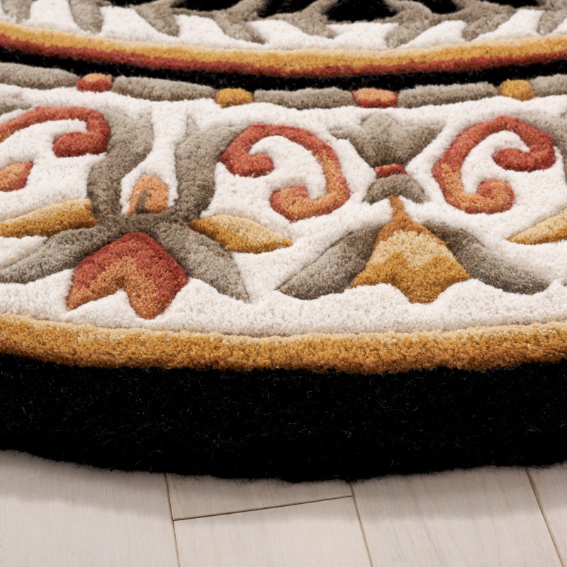Adenike Hand Tufted Wool Cotton Floral Rug in Black/Ivory/Black/Ivory, Round 6'