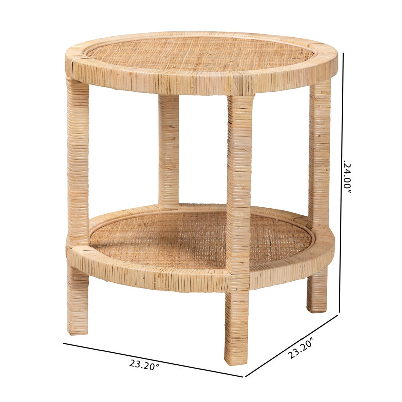 Bella Natural Mahogany Wood and Rattan 2-Tier Round Accent Table