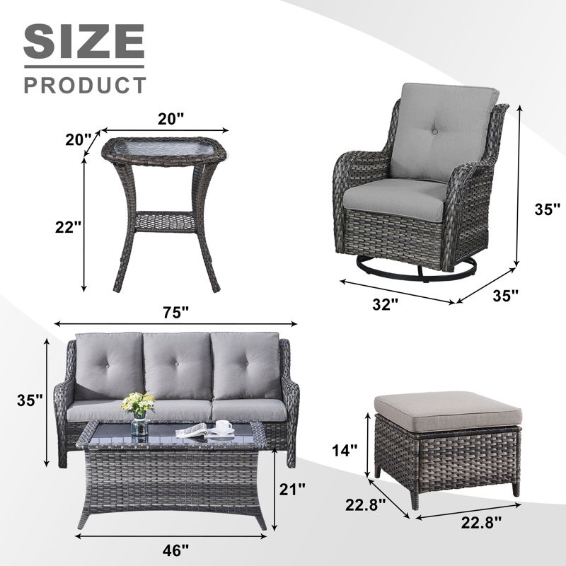 Ensemble de conversation avec canapé en rotin 7 pièces avec coussins Bonia, gris, gris