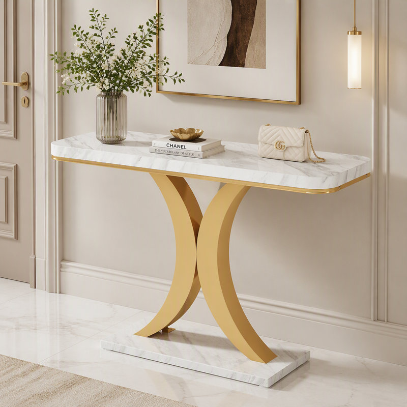 Console 40 po, table de vestibule étroite avec base géométrique, Blanc