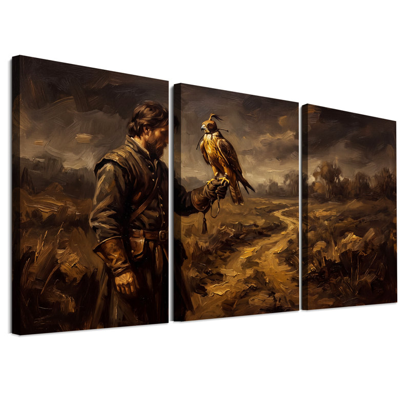 Ensemble de 3 toiles murales représentant un fauconnier et son faucon doré dans un paysage, 18"H x 12"W x 3pcs