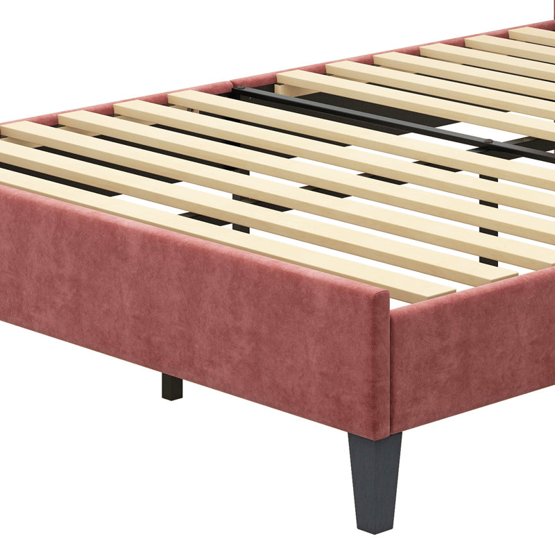 Upholstered Platform Bed with Flower Pattern Velvet Headboard, Full, Red Bean Paste
