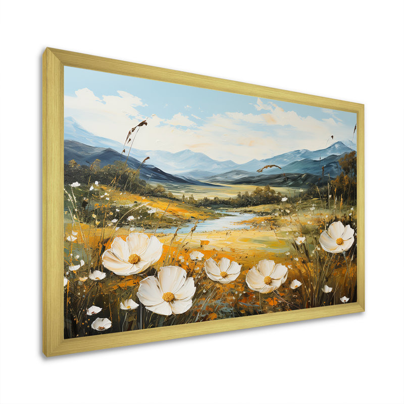 «Buttercups Flowers Mountain Landscape I», reproduction sur toile, Cadre doré simple, H 34 po x l 44 po x P 1,5 po