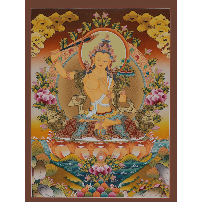 Art mural Manjushri Thangka - divinité bouddhiste tibétaine peinte à la main, toile sans brocart avec or 24 carats, décor de méditation des Lumières