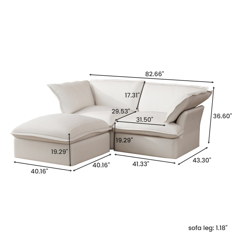 Canapé 3 pièces en tissu de lin avec repose-pieds, Blanc