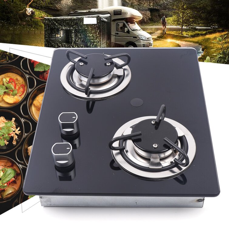 Fichiouy RV Gas Stove 2 Burners LPG Stove Kitchen Cooktop with Glass Lid  for Boat Caravan Camper