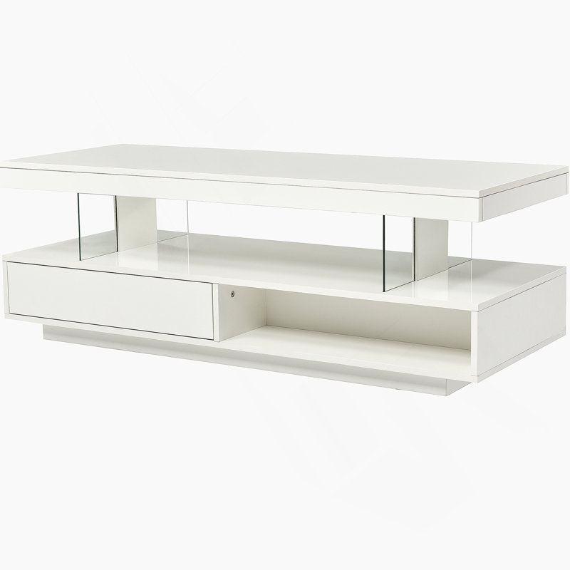 Table basse rectangulaire avec plateau en bois manufacturé, tablette et tiroir