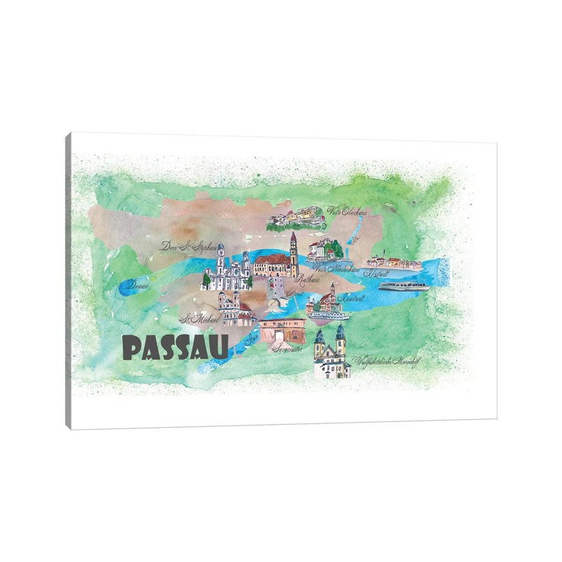 Passau, Bavaria, Germany Travel Poster by Markus & Martina Bleichner - Wrapped Canvas Gallery-Wrapped Canvas Giclée