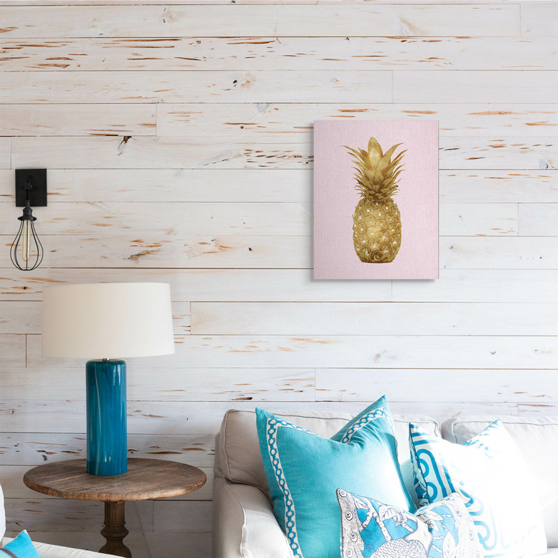 Golden Glam - ananas sur rose, Toile tendue, H 20 po x l 16 po
