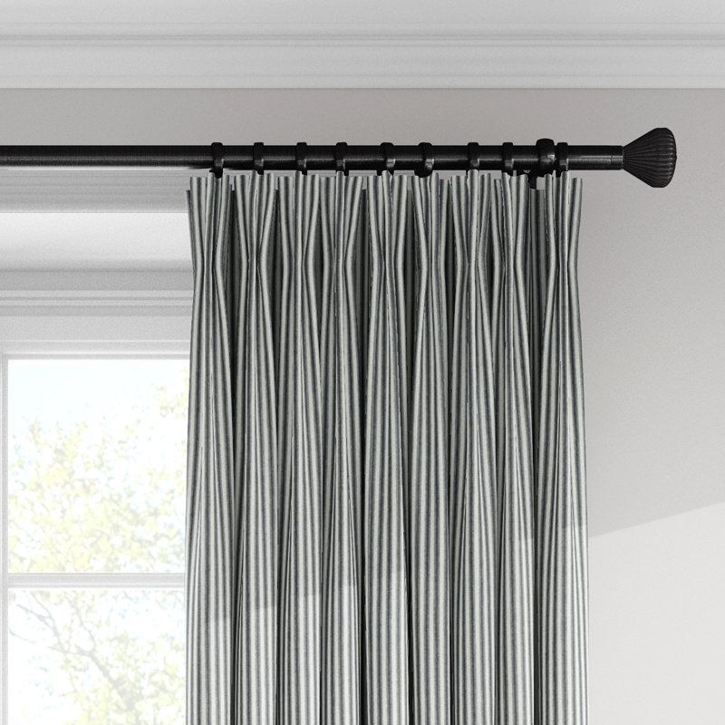 Ticking Stripe 100% Cotton Striped Room Darkening Pinch Pleat Single Curtain Panel, 20" W x 96" L, Black