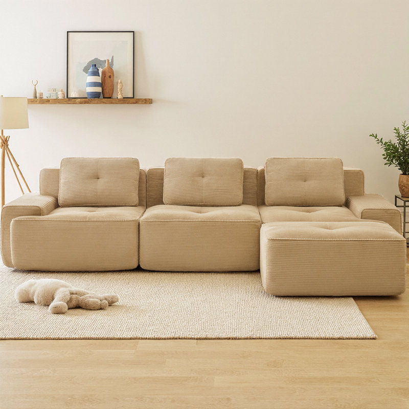 Canapé modulaire en forme de L de 117 po avec repose-pieds mobile, canapé 3 places en velours côtelé de qualité supérieure avec assise profonde, conception capitonnée et base antidérapante sans assemblage