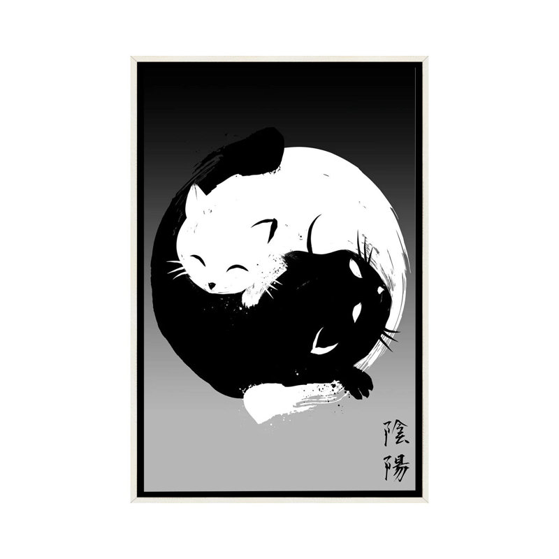 Yin Yang Cats, No Mat, 26" H x 18" W x 1.5" D, Distressed White Floater Framed Canvas