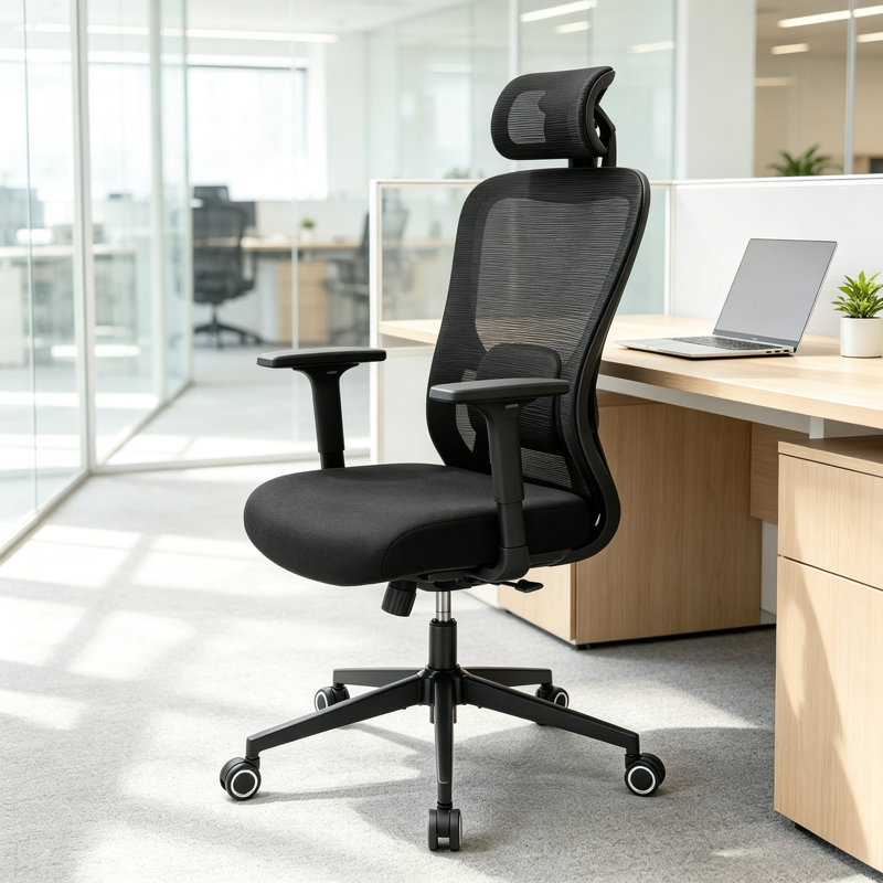 Breathable Mesh Back Ergonomic Office Chair With Headrest, Black, null