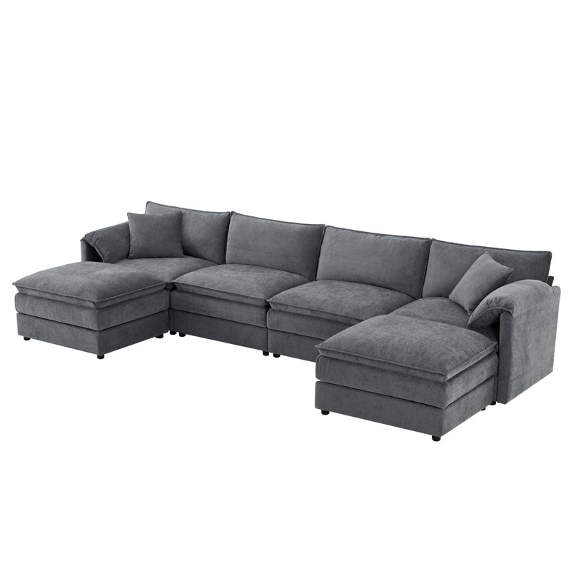 136" Chenille U Shaped Sectional Sofa Cloud Couch With Movable Ottoman, Dark Gray Chenille