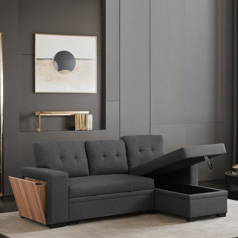3 - Piece Upholstered Pull Out Sectional Sleeper Sofa With Storage Chaise, Dark Gray Linen Blend